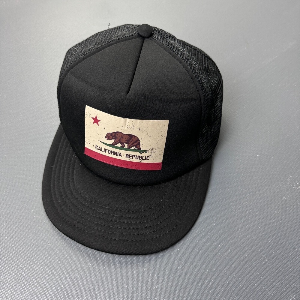 California Flag Hat OS Black Snapback Trucker Mesh Cap Printed District Logo